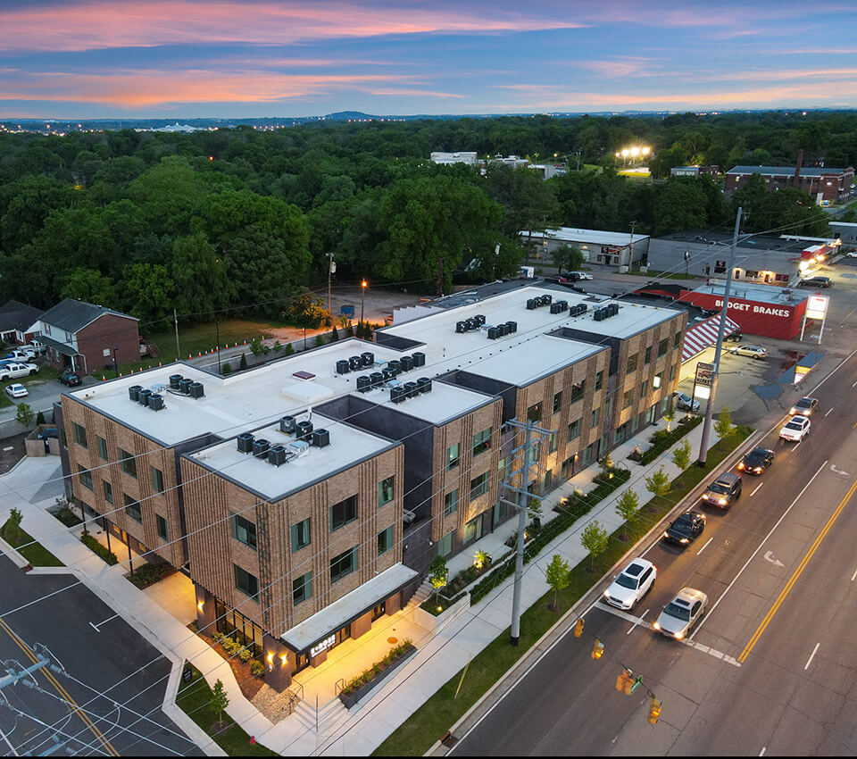 Exterior view of The Haysboro luxury condos in Nashville at sunset